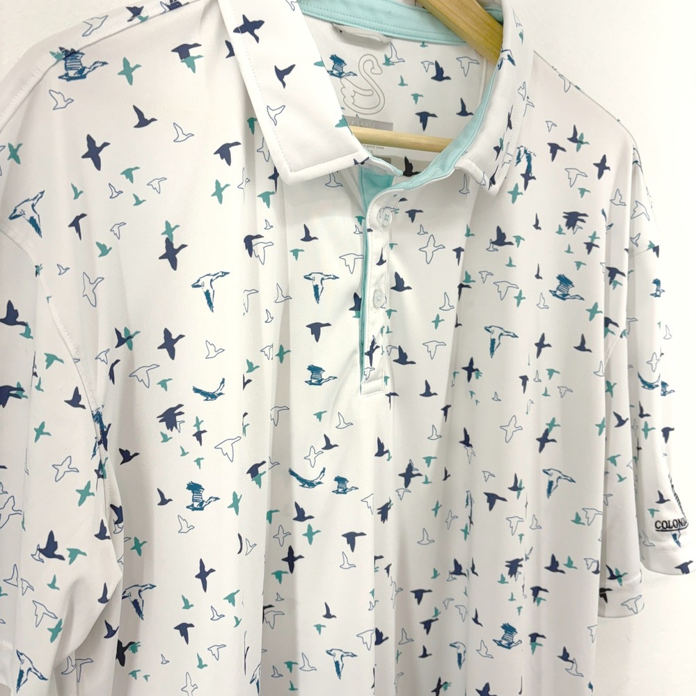 Swannies Mens 2XL White Bird Print Colonial Heritage Golf Polo Shirt Performance